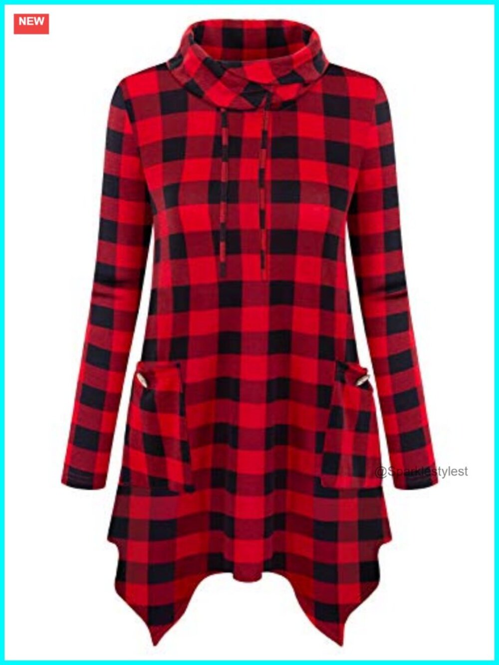 Womens Cowl Neck Asymmetrical Tunic Sweater Long Sleeve Plaid Pullover